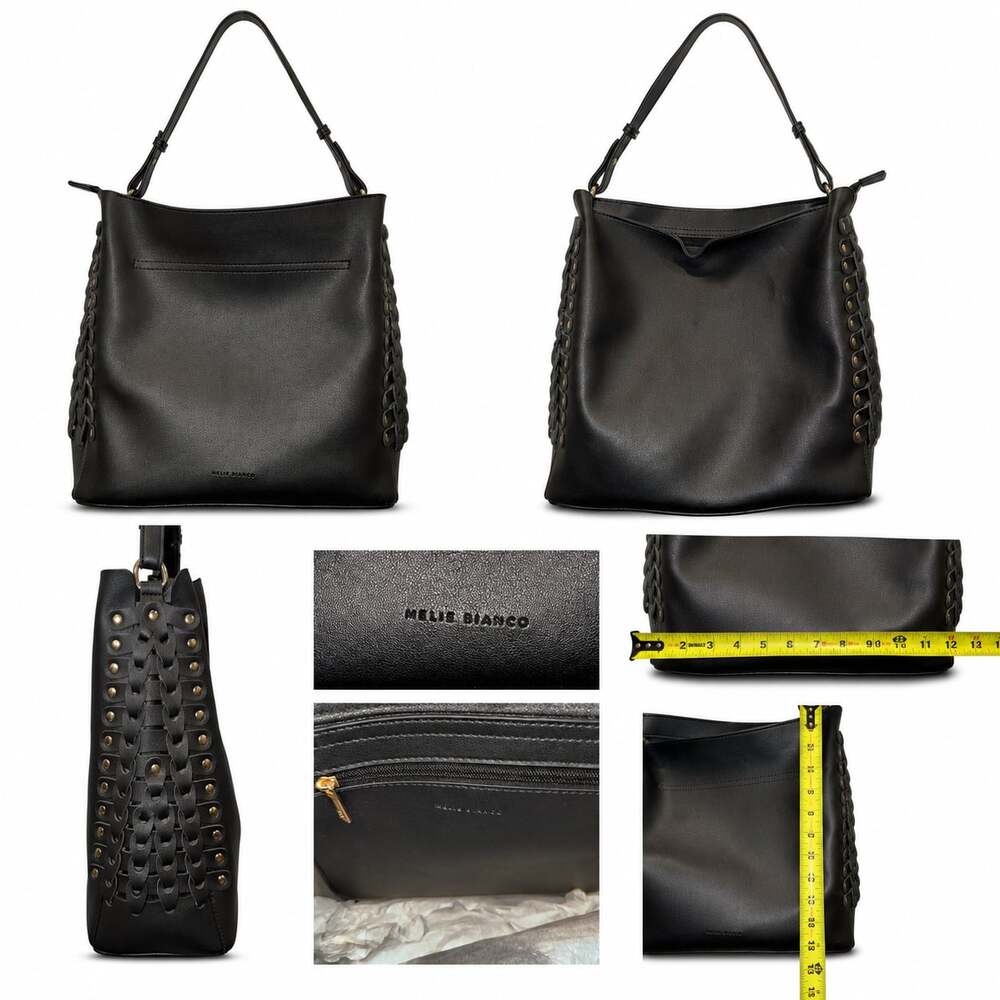 Melie Bianco Black Faux Leather Hobo Bag with Braided Sides